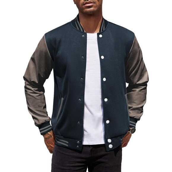 Men's Varsity Jacket Slim Fit Cotton Letterman Baseball Bomber Jackets Navy Grey - Picture 1 of 5